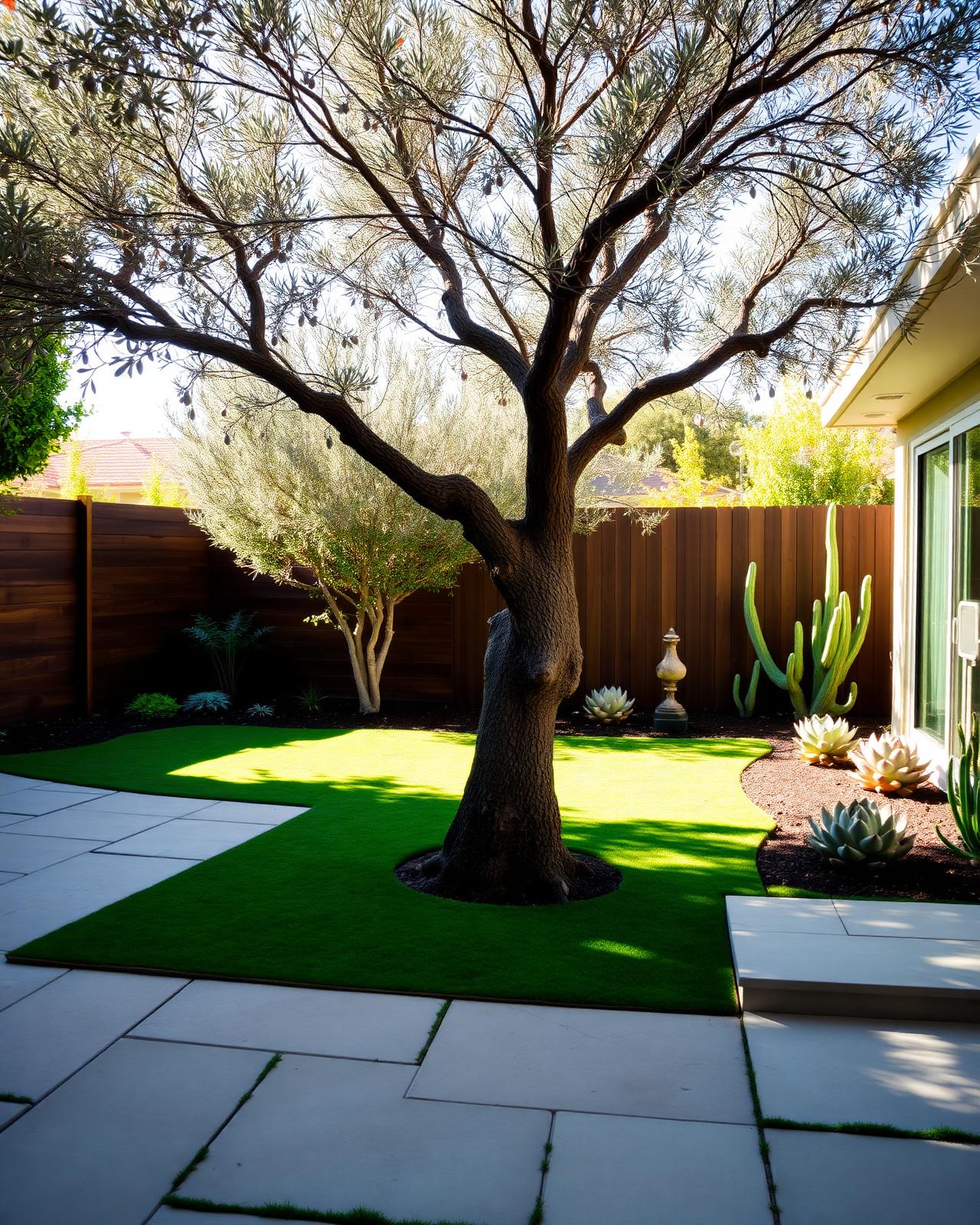 Backyard with a mature olive tree, artificial turf, modern wood fence and sculptural succulents.