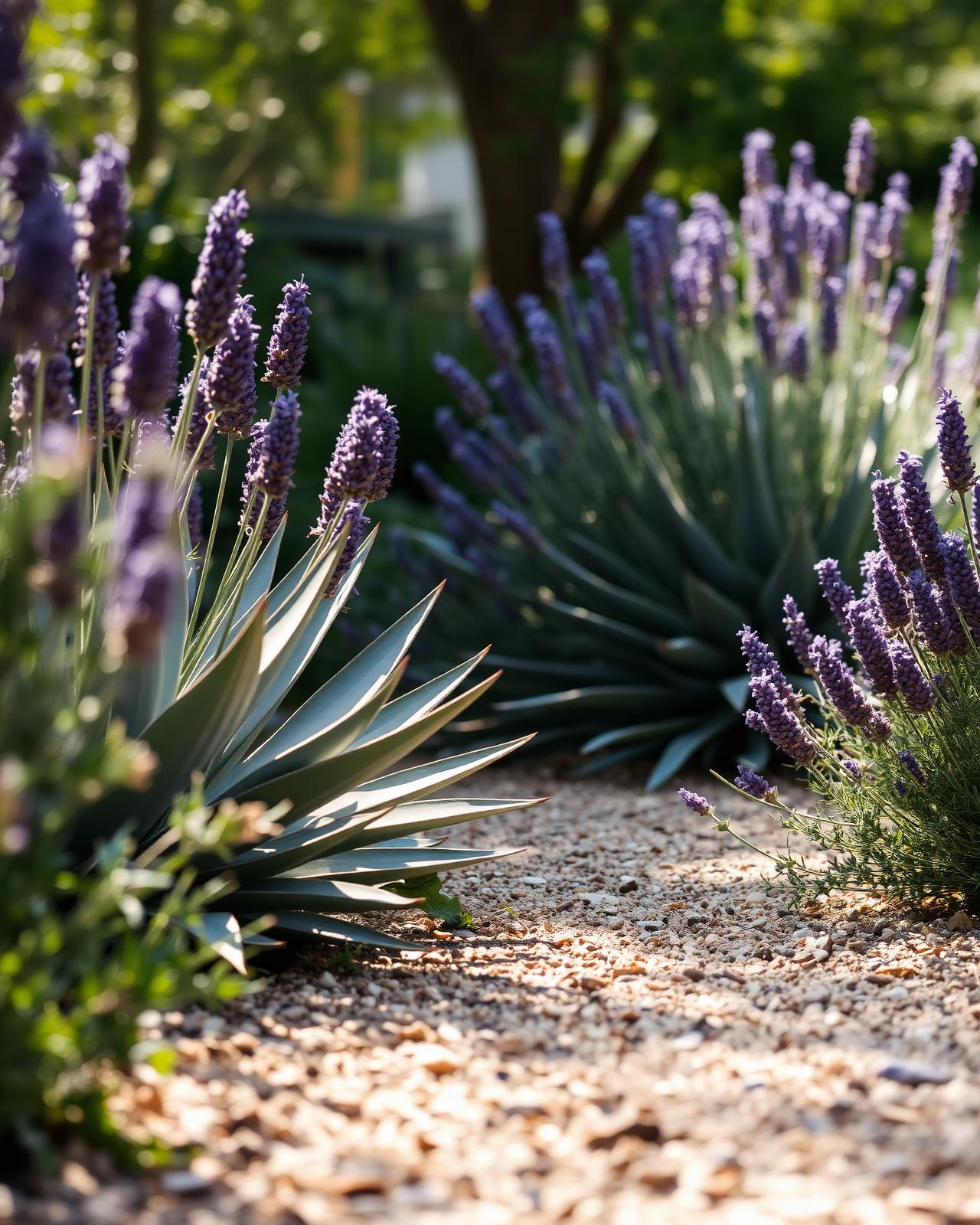 Close-up of a decomposed granite path lined with lavender and silver agave.