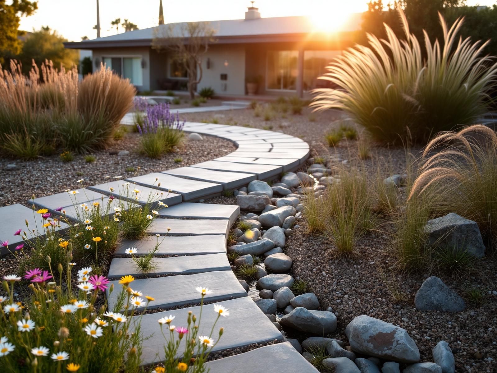 Curving flagstone walkway through a low water front yard with native grasses and a dry creek bed at sunset.